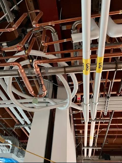 multiple types of plumbing in a ceiling